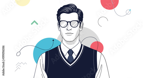 Modern portrait of a stylish man in glasses and a sweater vest against an abstract geometric background for creative profile.