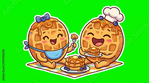 Delightful Cartoon Waffles Sharing Breakfast and Smiling Happily Together.