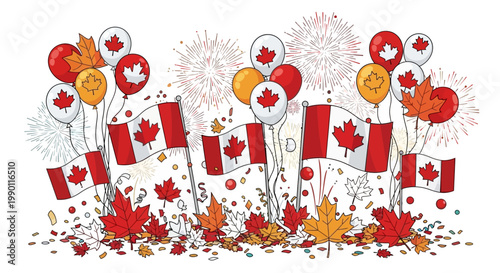 Vibrant Canadian celebration scene featuring waving flags, colorful maple leaves, festive balloons, and confetti, symbolizing national pride, unity, and joyful patriotism