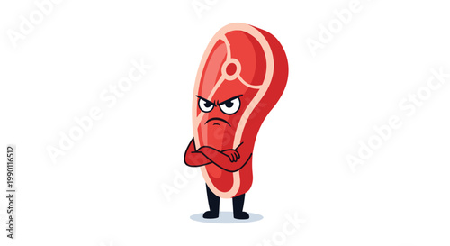 Grumpy cartoon raw steak character with a scowling face and crossed arms standing on two legs for food humor and marketing.
