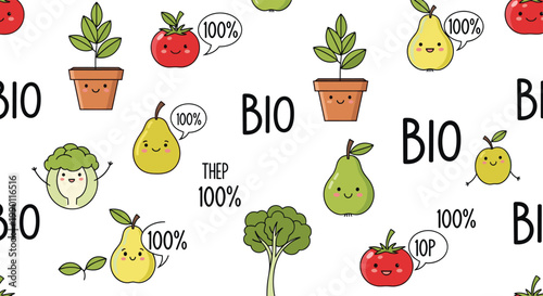 Seamless pattern with cute cartoon bio produce items like apples, pears, and tomatoes with one hundred percent eco text labels.