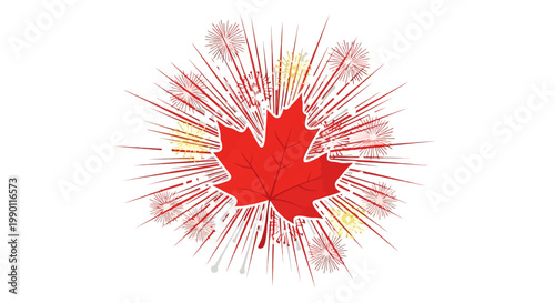 Dynamic red maple leaf illustration bursting with vibrant energy, symbolizing celebration, autumn, or national pride on a clean white background, perfect for seasonal or symbolic design
