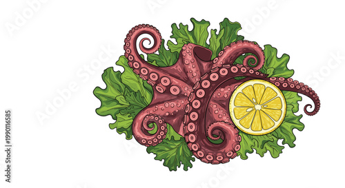 Detailed illustration of a cooked octopus served on a plate of fresh green lettuce with a slice of lemon for seafood menu.