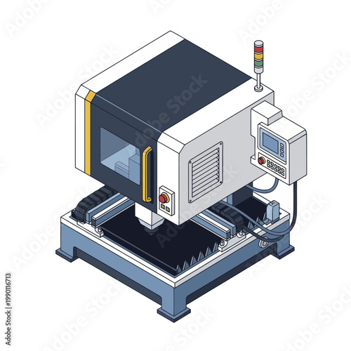 Isometric illustration of a CNC milling machine for industrial manufacturing.