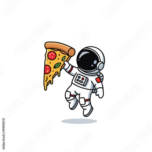 Cute Astronaut Floating with a Slice of Delicious Pizza.