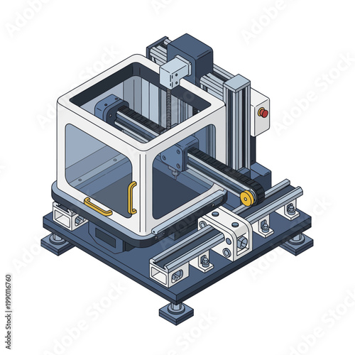 Isometric illustration of a compact industrial CNC machine for precision manufacturing.