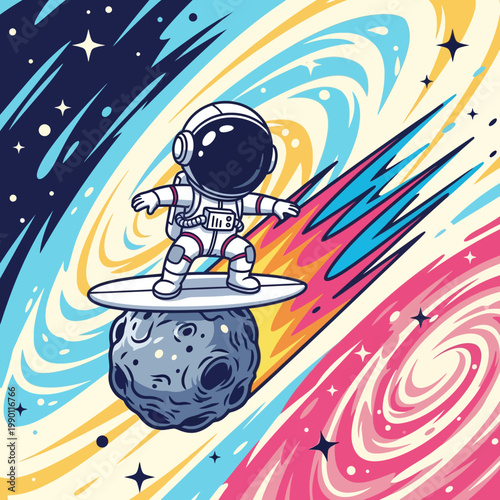 Astronaut surfing on a moon through the colorful galaxy.
