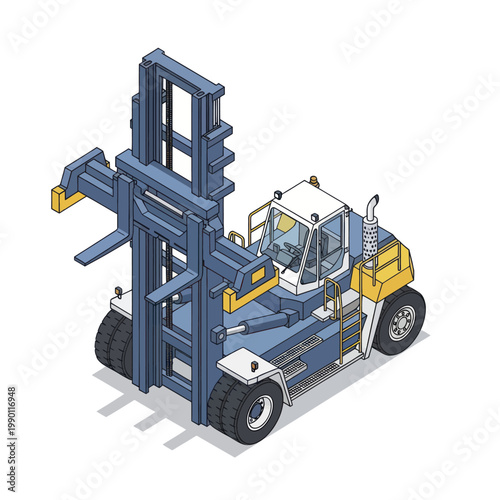 Isometric illustration of a heavy-duty container handler forklift for industrial use.