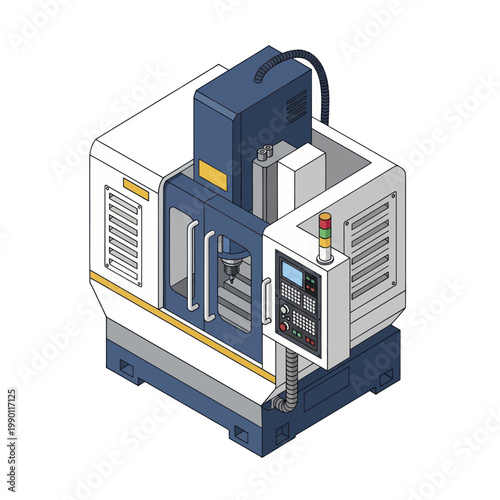 Isometric Illustration of a Modern CNC Milling Machine for Industrial Manufacturing.