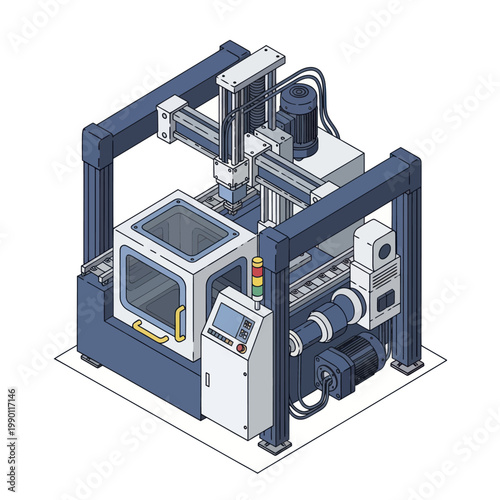 Isometric illustration of a modern CNC machine for industrial manufacturing processes.