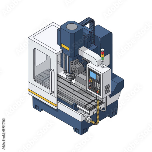 Isometric illustration of a modern CNC milling machine for precision manufacturing.