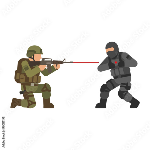 Soldier aiming rifle with laser sight targeting