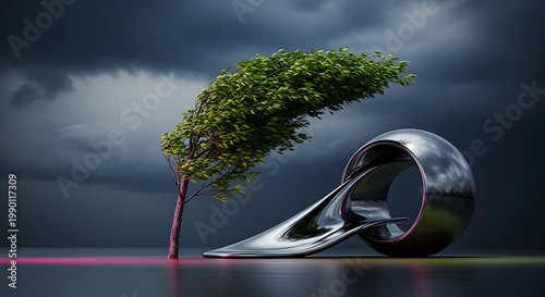 Surreal metallic sculpture with a growing tree under dramatic stormy clouds, representing growth and nature facing challenges, futuristic design