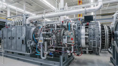 Industrial gas turbine power plant interior with industrial machinery piping control panels