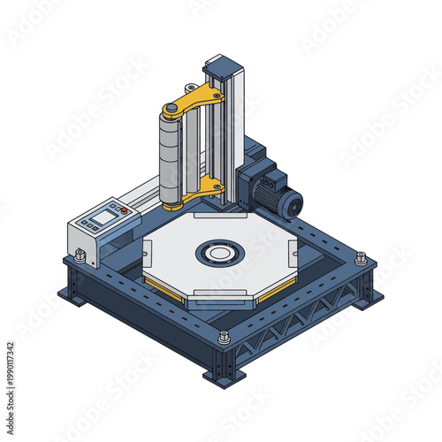 Isometric illustration of a precision industrial machine for manufacturing and engineering processes.