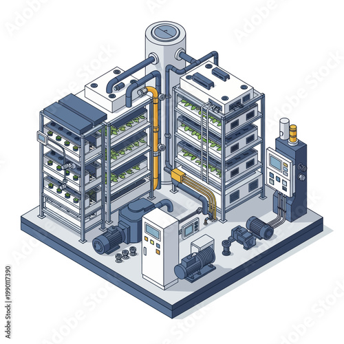 Isometric illustration of a vertical farm system with multiple racks and hydroponic equipment.