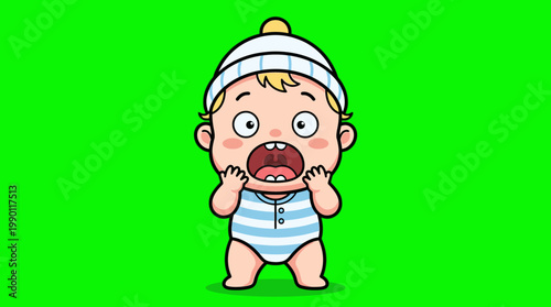 Cartoon baby with wide eyes and open mouth, wearing a hat.