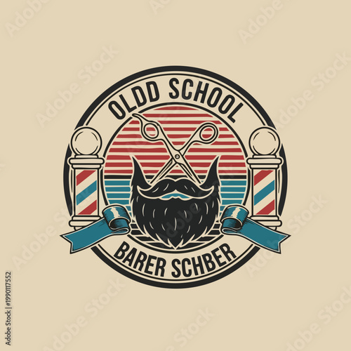 Old School Barber Shop Logo. Vintage Barbershop Emblem. Retro Hairdresser Icon. Beard and Scissors.