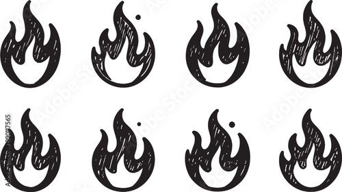 Fire flame icon set with hand drawn hatch texture and sketchy outline for heat or energy themed vector design elements.