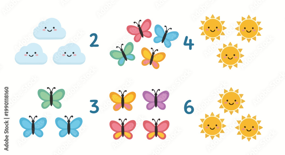 Obraz premium Colorful butterflies and smiling suns.