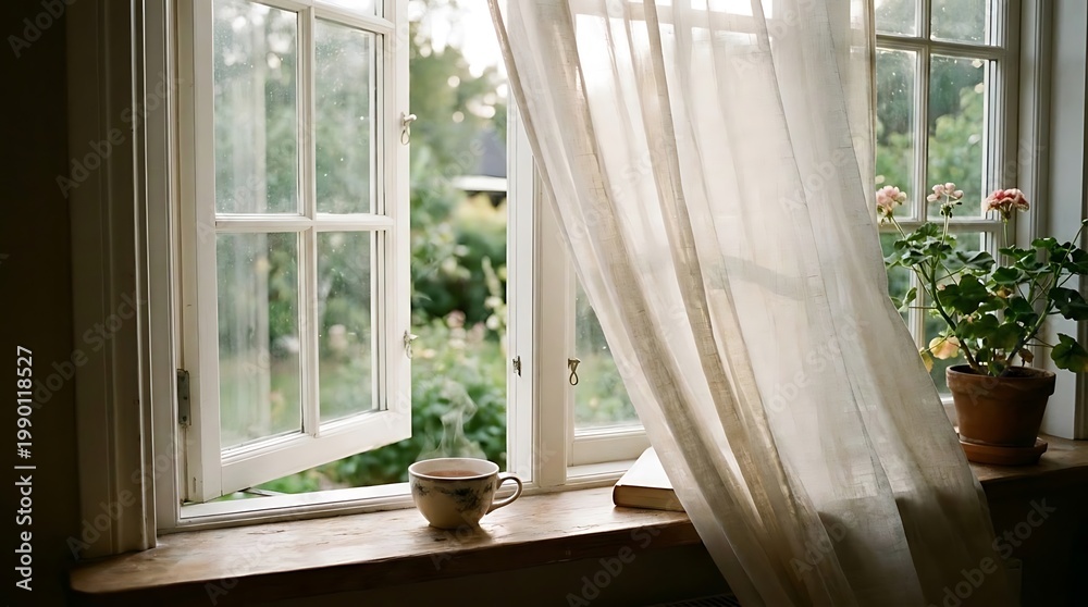 Fototapeta premium Tea cup beside open window with natural light breeze