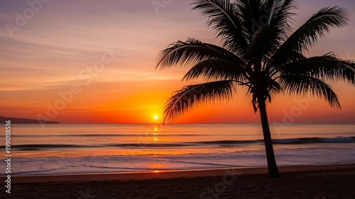 Tropical Sunset Beach Palm Tree Ocean Waves Serene Island Horizon