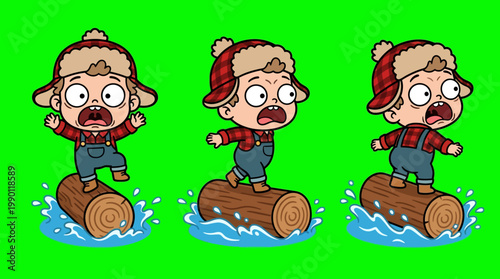 Cartoon Boy Balancing on a Log Over Water with Fearful Expression.