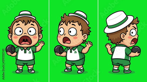 Cartoon Boy Bowling with a Black Ball, Green Uniform and Hat.
