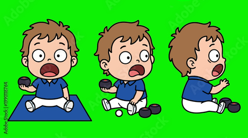 Cartoon Boy Bowling with a Black Ball on Green Background.