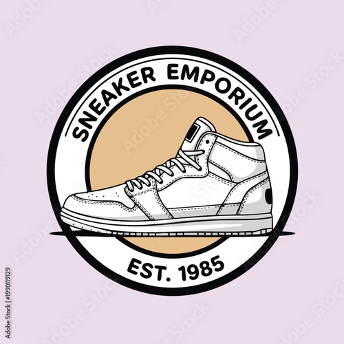 Sneaker Emporium Logo. Vintage Sneaker Graphic. Retro Shoe Emblem. Est. 1985.