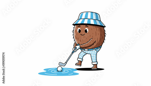 A whimsical coconut character, dressed in striped golf attire, skillfully navigates a water hazard on the golf course, ready to swing at the golf ball