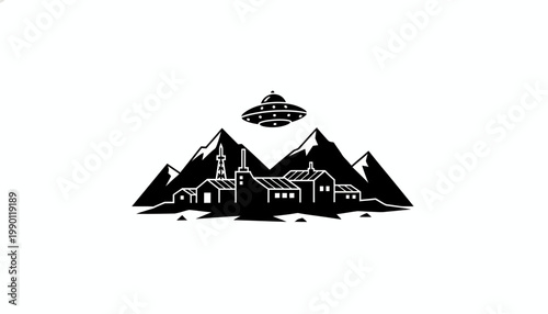 Silhouette of a futuristic alien spacecraft hovering above a village nestled amongst jagged mountain peaks, representing a mysterious encounter