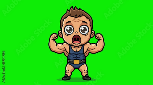Cartoon baby flexing muscles, showing strength, and looking surprised.