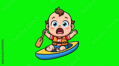 Cartoon Baby Kayaking with Paddle and Life Vest on Green Screen.