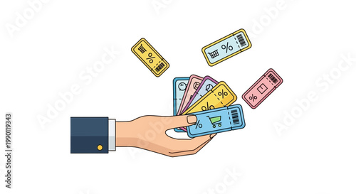 Hand holding coupons of different colors representing discounts and promotions