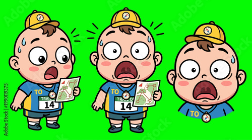 Cartoon Baby Marathon Runners Looking at Map with Surprise and Shock.