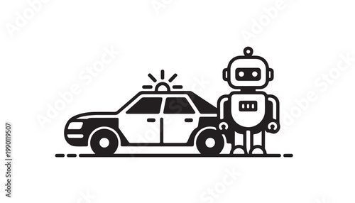 A futuristic robot standing beside a police patrol car with flashing lights