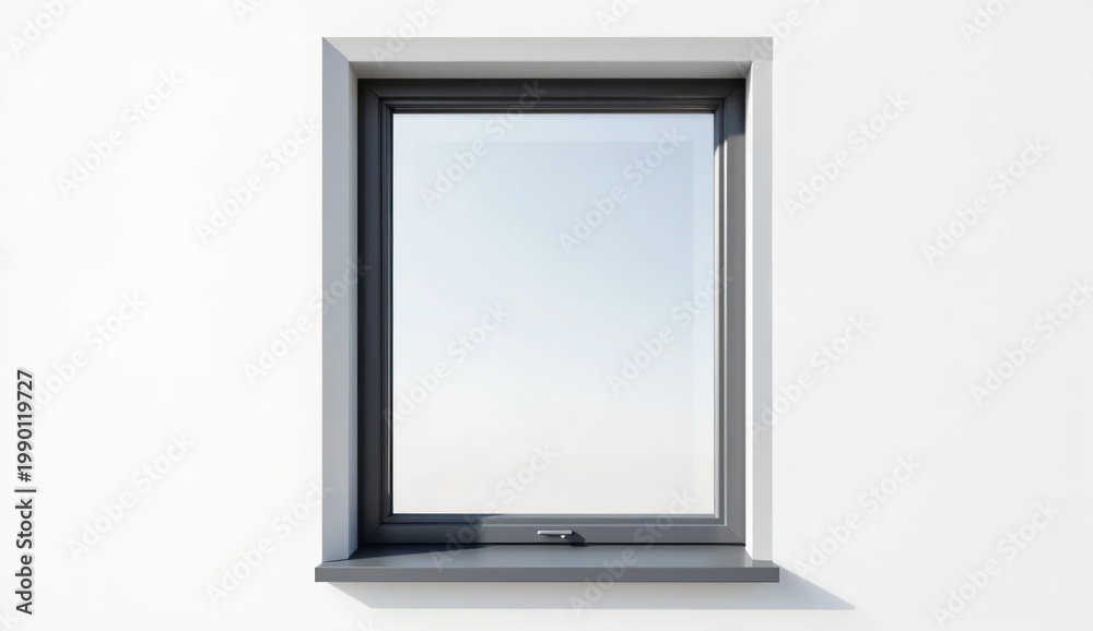 Fototapeta premium Modern dark grey aluminum window frame isolated on white background, minimalist architectural window design.