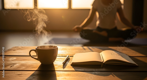Peaceful morning meditation with steaming coffee notebook and warm sunlight