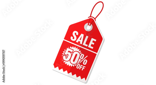 Red sale tag with 50 percent off text and white background