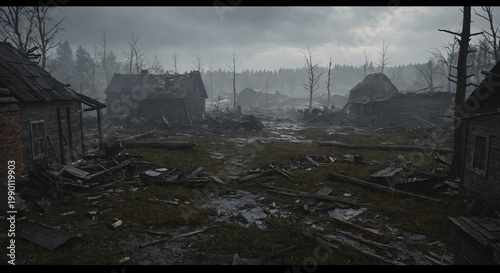 Abandoned ruined village with destroyed wooden houses and dramatic cloudy sky