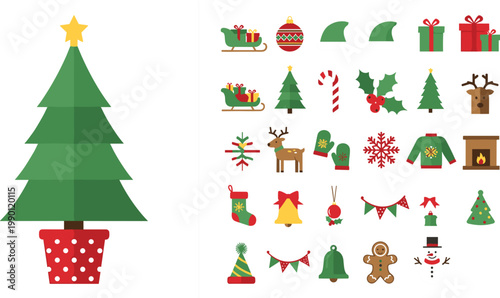 Flat Christmas Icon Set with Tree Star Reindeer Snowman Stocking Gift Candy Cane and Holiday Decoration for Festive Design