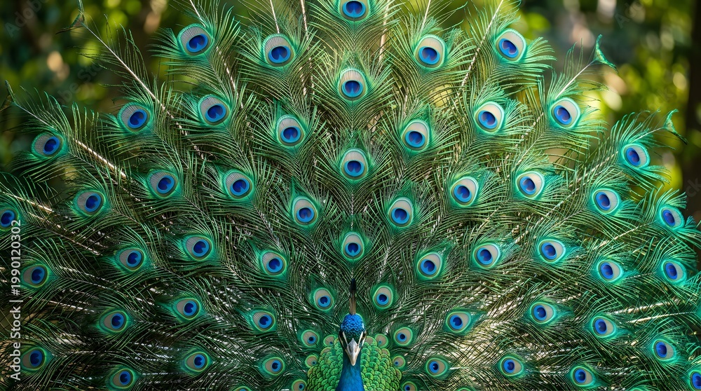 Obraz premium Majestic Peacock in Display: A flamboyant peacock proudly displays its stunning, iridescent feathers in a vibrant display of nature's artistry.
