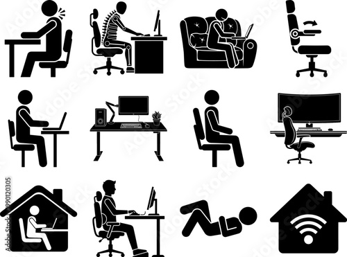 Collection of people working on computers in various positions and settings at home or office