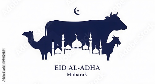 Eid al adha mubarak festive illustration with crescent moon animals mosque