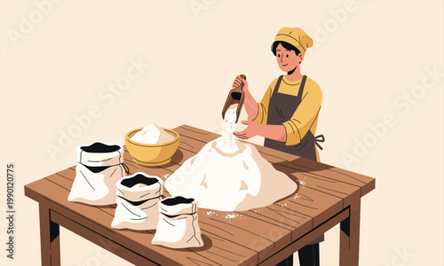 A person sifting flour on a table during food preparation