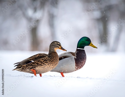 Two ducks walk on snow