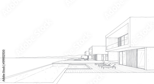 Modern Architectural Sketch of a Contemporary Building Complex.