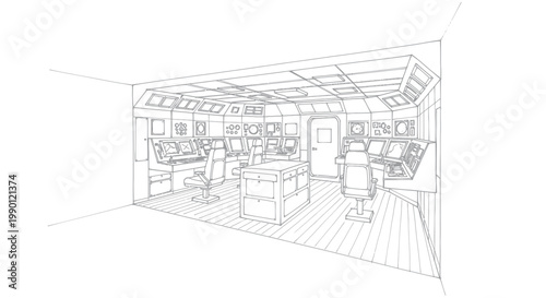 Modern Bridge Control Room Interior Design Sketch.