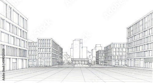 Modern Cityscape Architectural Sketch with Buildings and Plaza.